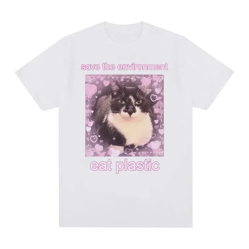 Funny Meme T-shirt Save The Environment Eat Plastic Tuxedo Cat Print Casual Oversized Cotton Streetwear Loose Short Sleeve Tops