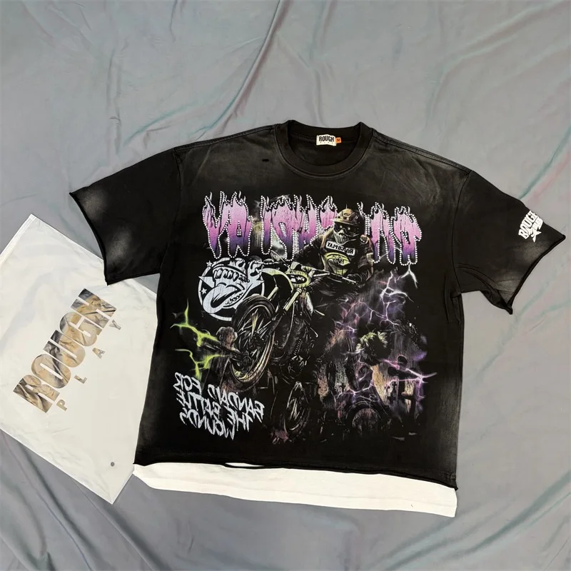 

Грубые игровые рубашки со скелетонизированным принтом для мужчин и женщин, американский хип-хоп, круглый вырез, короткие рукава, футболки ROUGHPLAY, футболка