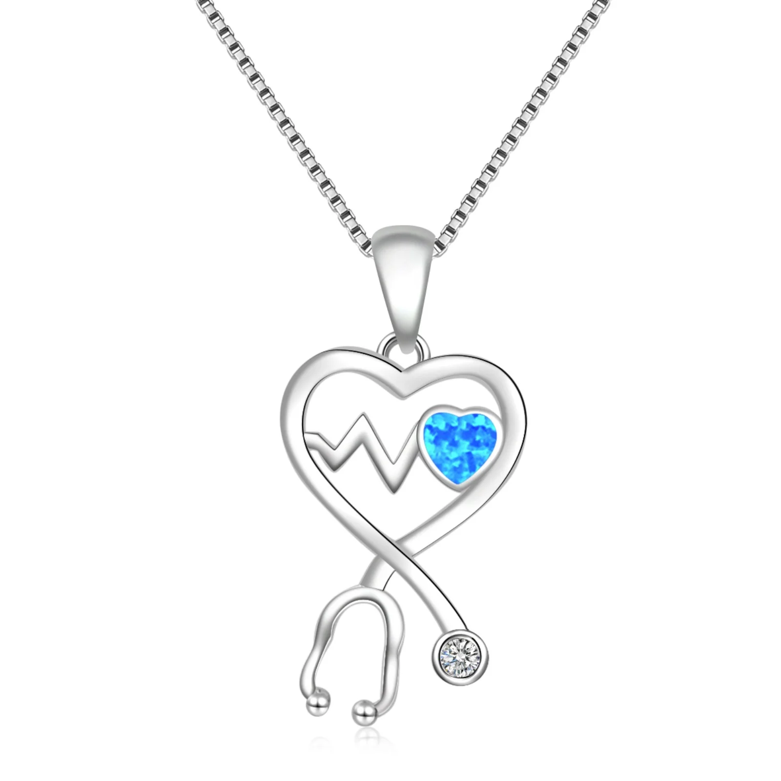 Medical Jewelry for Women,Heart Stethoscope Necklace with Blue Opal,Silver Plated Appreciation Gift, Nurse Graduation Present