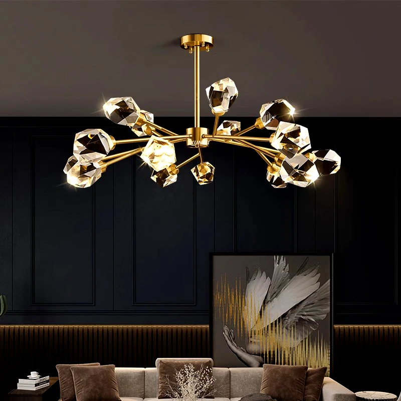 

Nordic All-copper Molecular Long Crystal Chandelier Light Luxury Creative Post-modern Atmosphere Living Room LED Pendant Lights