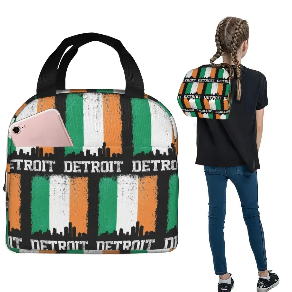 Vintage Detroit Irish Flag Skyline Pride Insulated Lunch Bag for Women Children Portable Food Boxes Thermal Lunch Box Tote