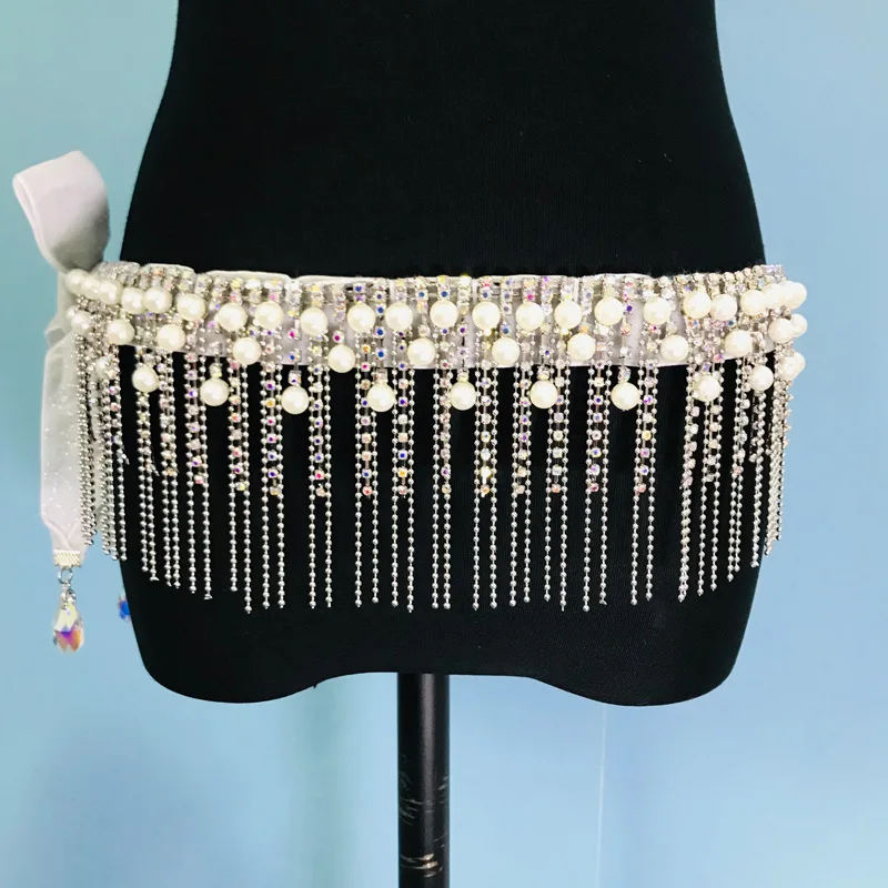 Chaîne de taille de danse du ventre pour femmes, accessoires de spectacle de danse, pendentifs strass, pompon en diamant d'eau Sexy, ceinture en diamant coloré  200000532