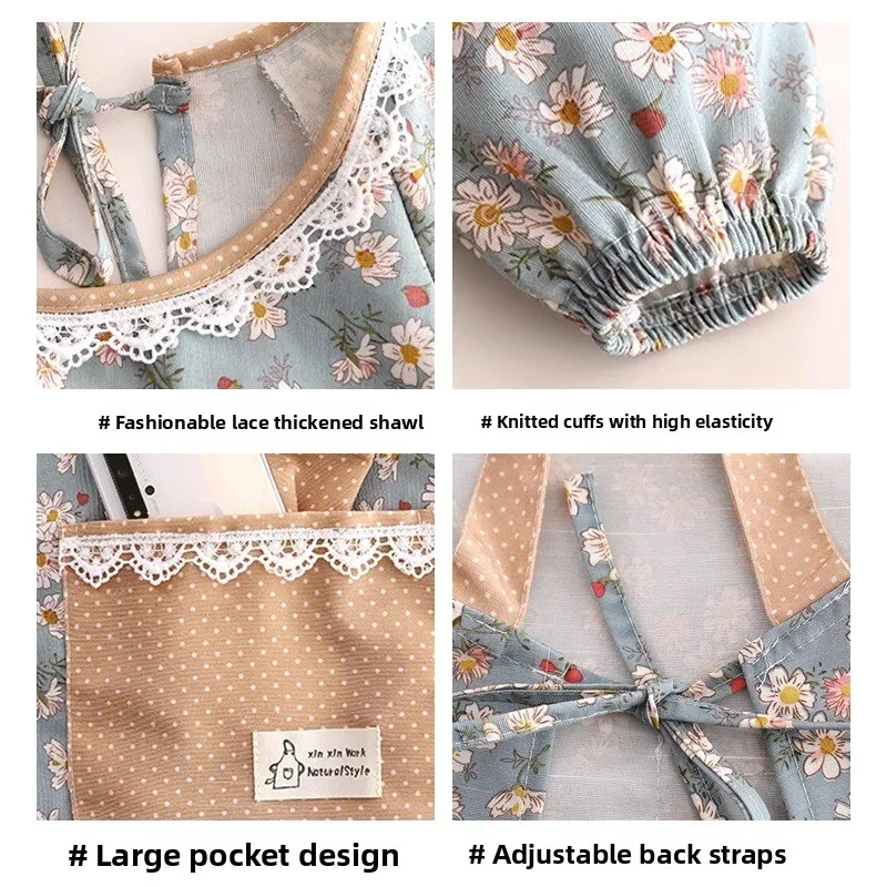 1pcs Floral Print Cotton Apron with Long Sleeves Waterproof Kitchen Smock Cute Rabbit Ear Pocket Wipeable Cooking Apron