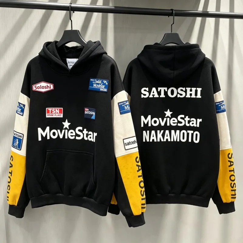 Winter 2XL SATOSHI Hoodie Vintage Distressed Washed Worn Embroidered Letter Badge Color Blocked Hooded Sweatshirt Men Women