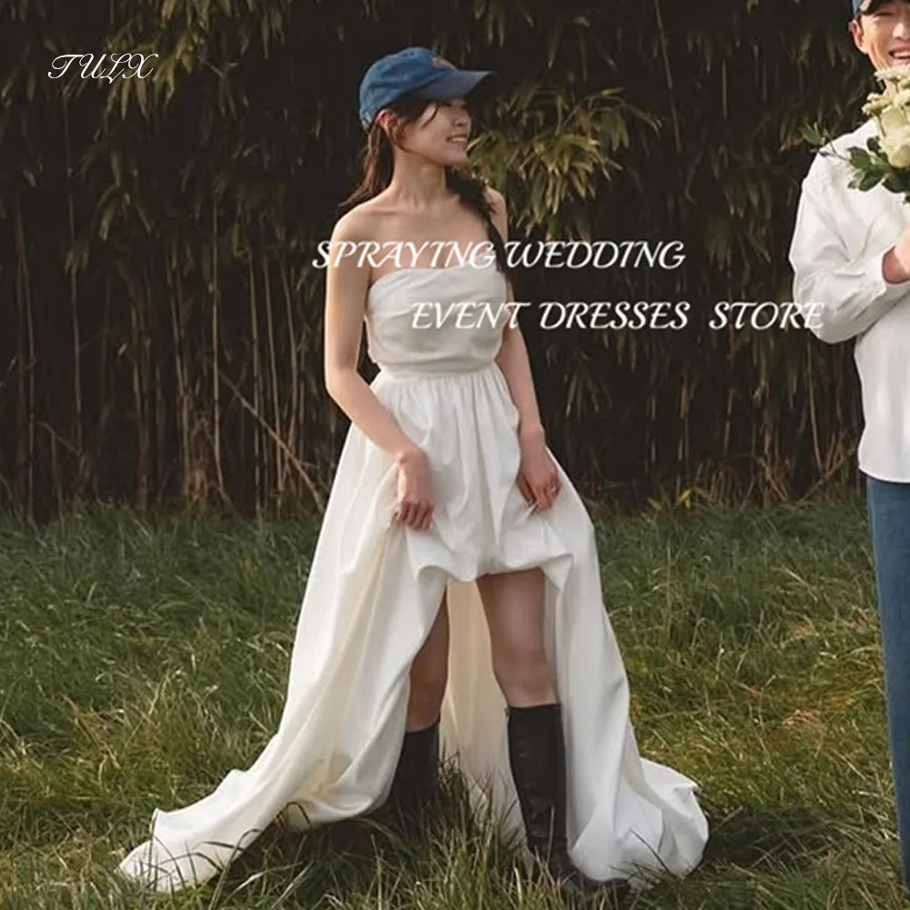 

TULX Elegant Satin Wedding Photo Shoot Dress Strapless Korea Bridal Gowns Front Short Back Long Corset 웨딩드레스 Customized 2025