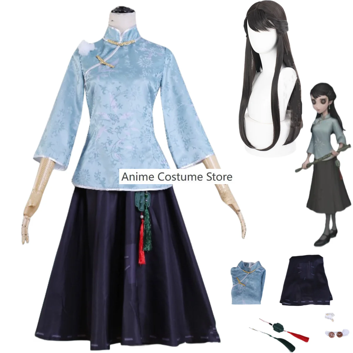 

Anime Game Identity ⅤQi Shiyi Cosplay Costume Antiquarian Wig Chinese Style Wind Cheongsam Skirt Woman Traditional Festival Suit