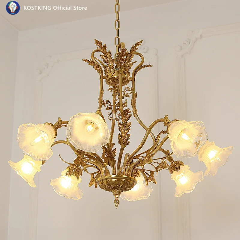 Medieval Rococo Style Hanging Lamps Led Glass with Flower Lampshade Chandelier