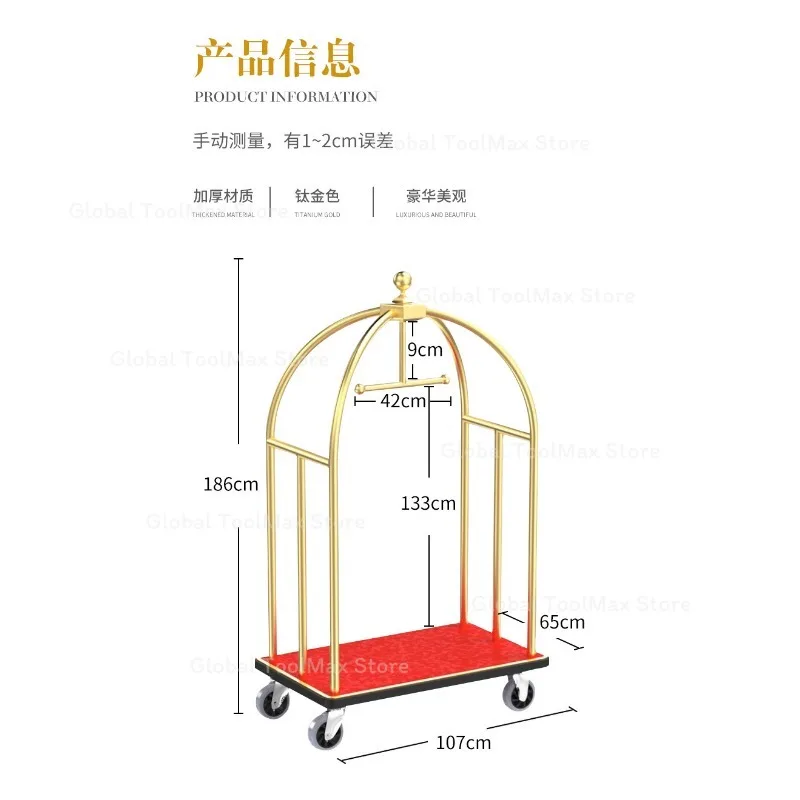 Stainless Steel Hand Push Hotel Luggage Cart Silent Wheels Thickened Puller for Lobby Shop Use