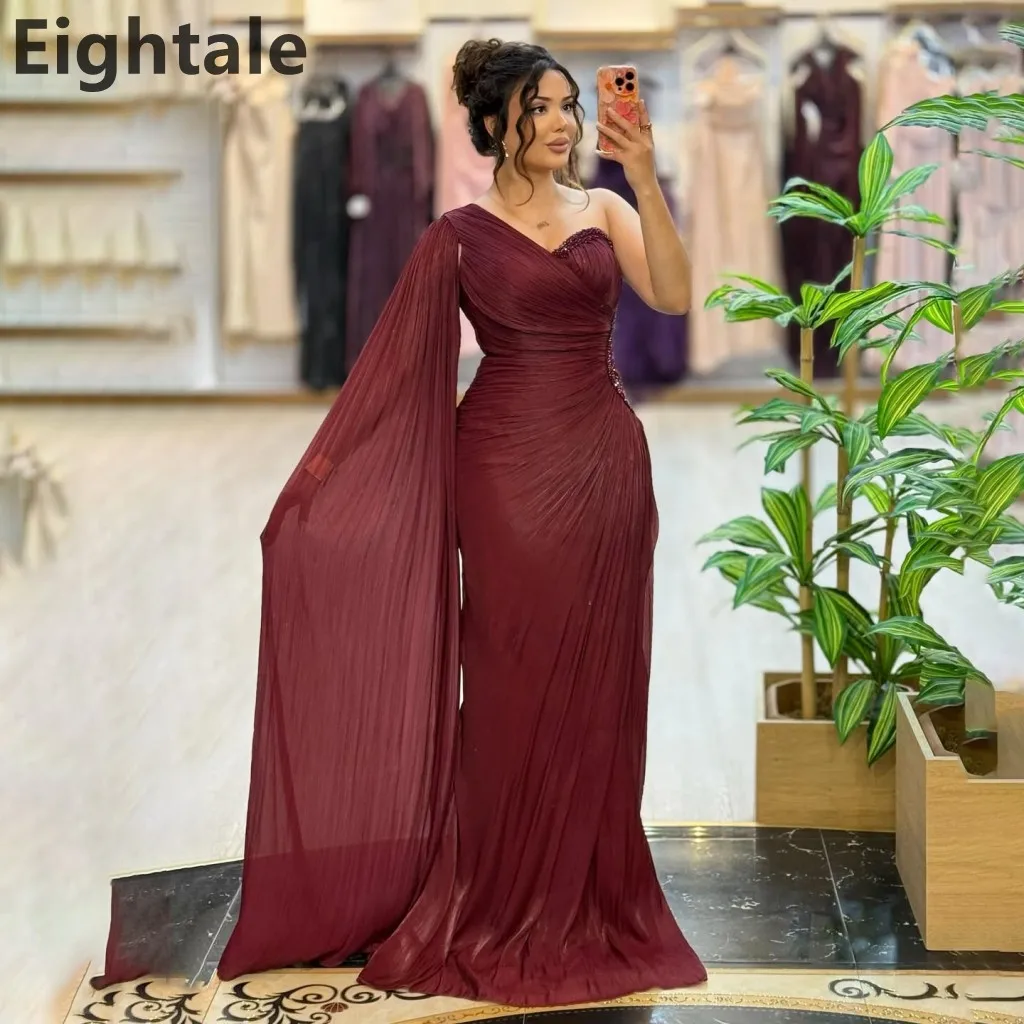 

Eightale 2025 Burgundy Mermaid Maxi Evening Dress For Wedding Party One Shoulder Formal Prom Dress Dubai Party Gown