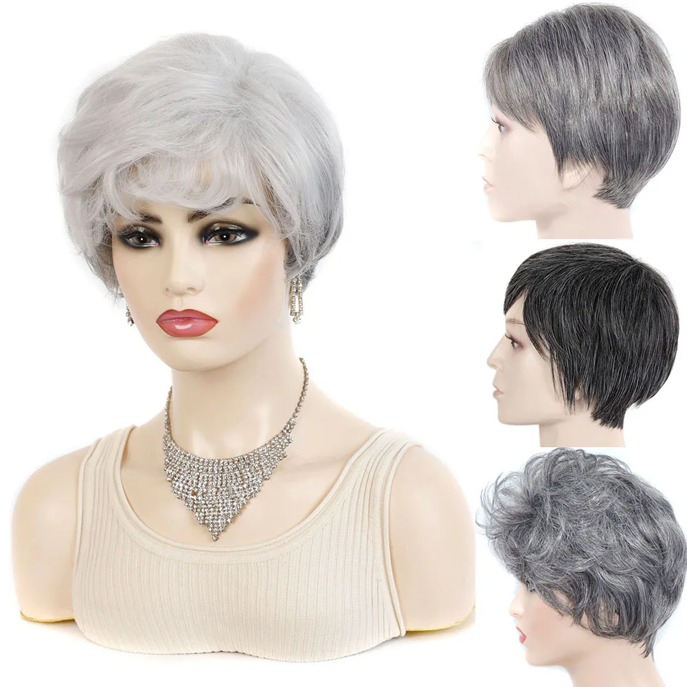 Zolin Gray Wig Daily Use Curly&Straight Short Hair Wigs Black Grey Color For Old Man Woman