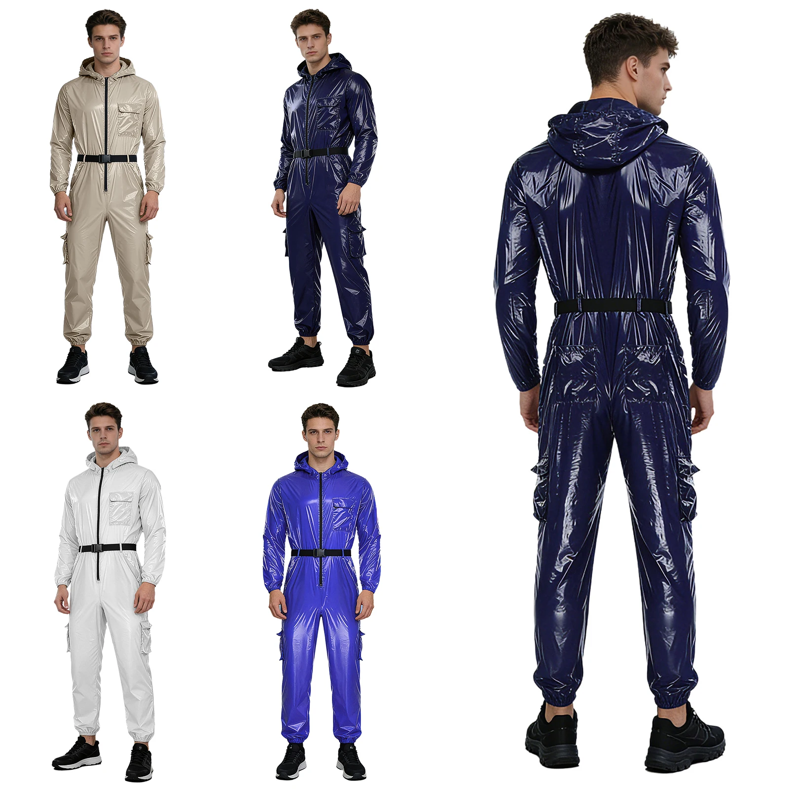 

Men Water Resistant Hooded Coveralls Mechanic Workwear Uniform Long Sleeves Zipper Pockets Jumpsuit Rompers with Elastic Belt