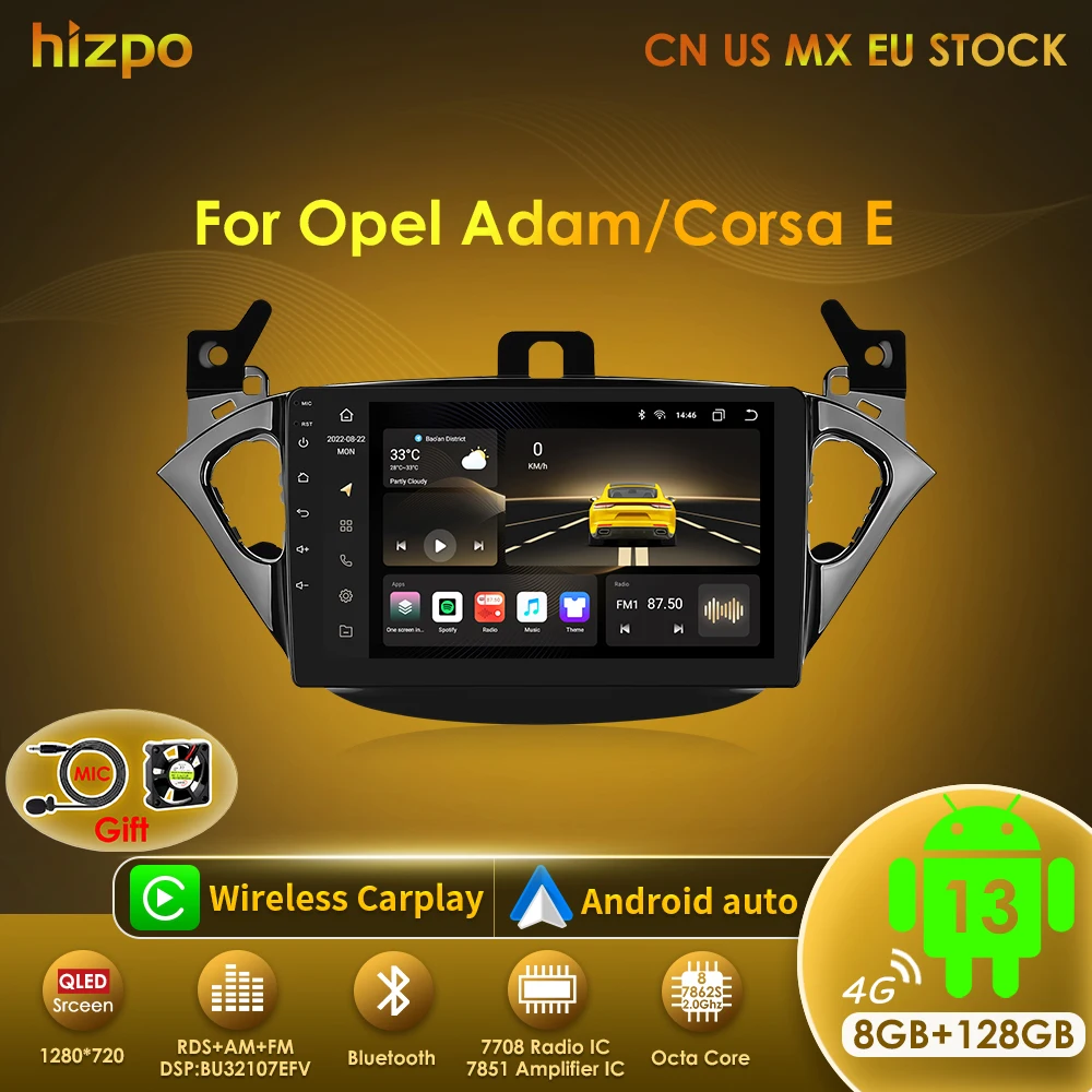 

Hizpo Wireless Carplay Car Multimedia Player For Opel Corsa 2015 - 2019 For Opel Adam 2013-2016 Android 13 Radio GPS 4G Wifi DSP