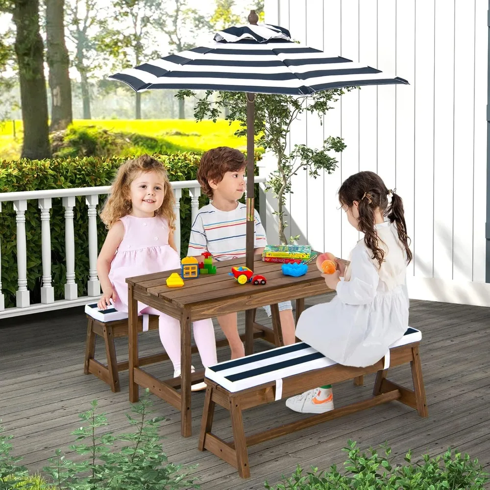 Kids Picnic Table, Toddler Wood Table & Chair Set w/Cushions, Height Adjustable Umbrella, Children Activity Table