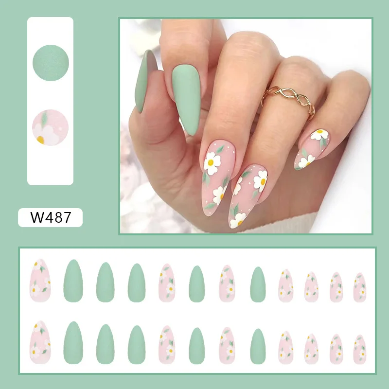 24Pcs Light Green flower False Nails Frosted almond Press on Nail Detachable Design Fake Nails For Women and Girls Nail Art