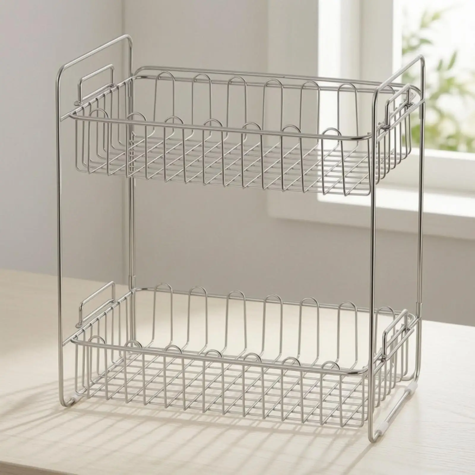2-Tier Wire-Grid Storage Rack Freestanding Carbon Steel Countertop Rack Space-Saving 2-Tier Rigid Wire Market Basket Stand for