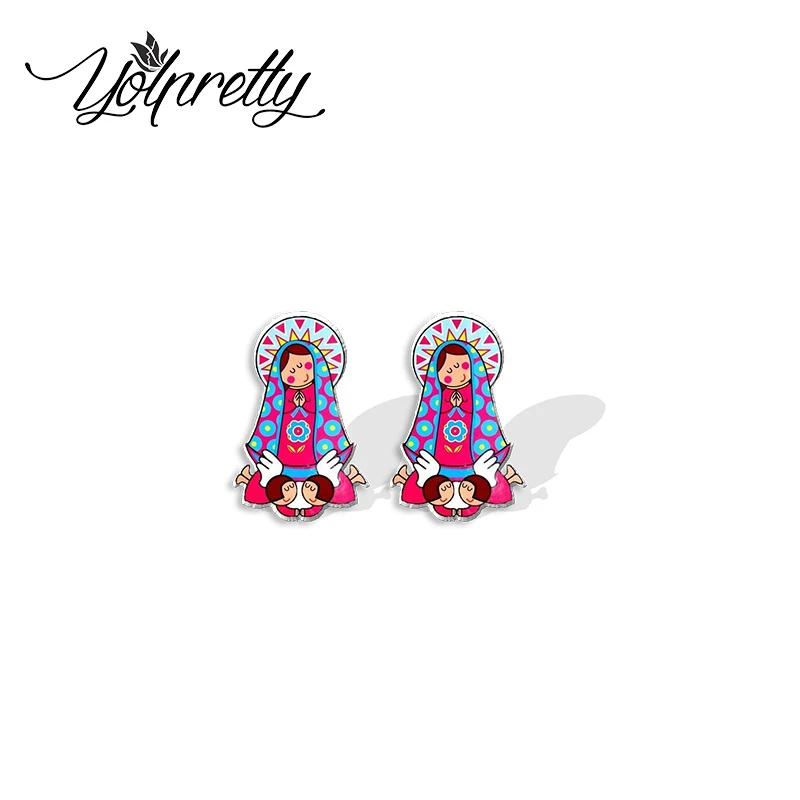 2023 New Arrival Fashion Holy Cartoon Virgen María Mary Virgin Epoxy Stud Earrings Handcraft Acrylic Resin Earrings