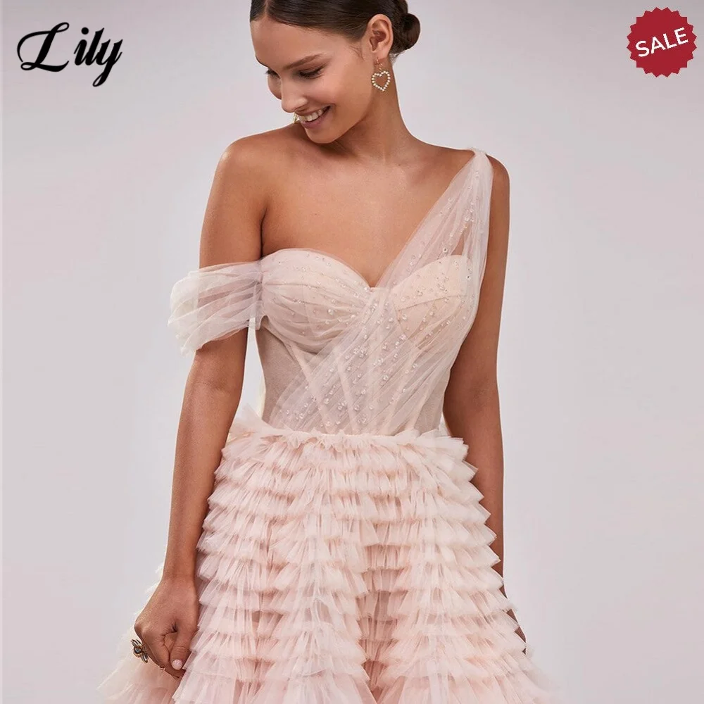 فستان حفلات رائع متدرج وردي من الزنبق على شكل قلب بكتف واحد للحفلات الراقصة للمرأة على شكل حرف a بطبقات توتو فستان سهرة مخصص #3