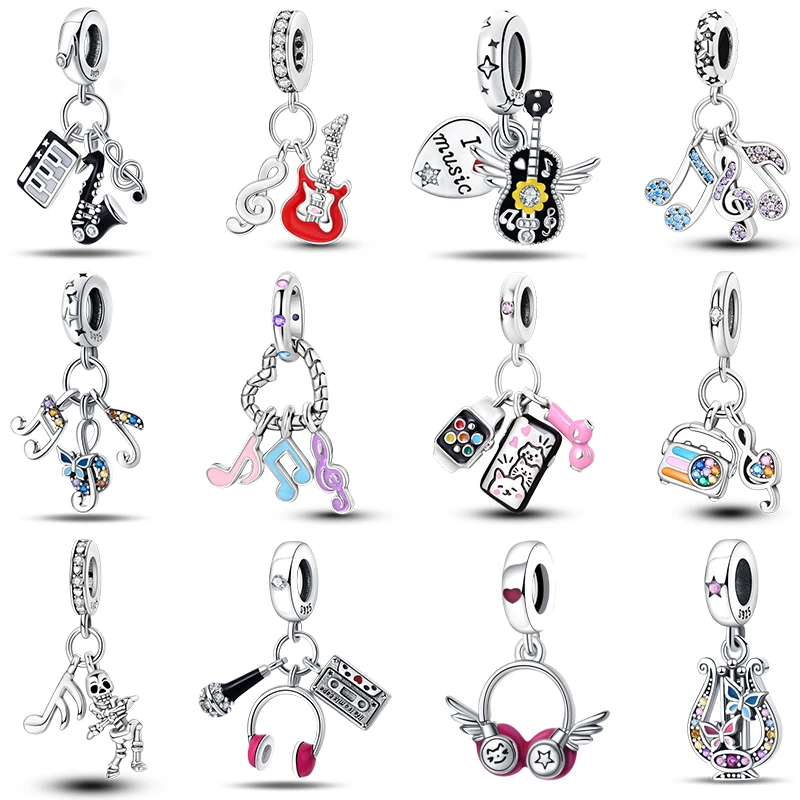 Music Series 925 Sterling Silver Cello Violin Harp Guitar Note MP3 Charms Beads Fit Pandora Original Bracelets DIY Jewelry Gift