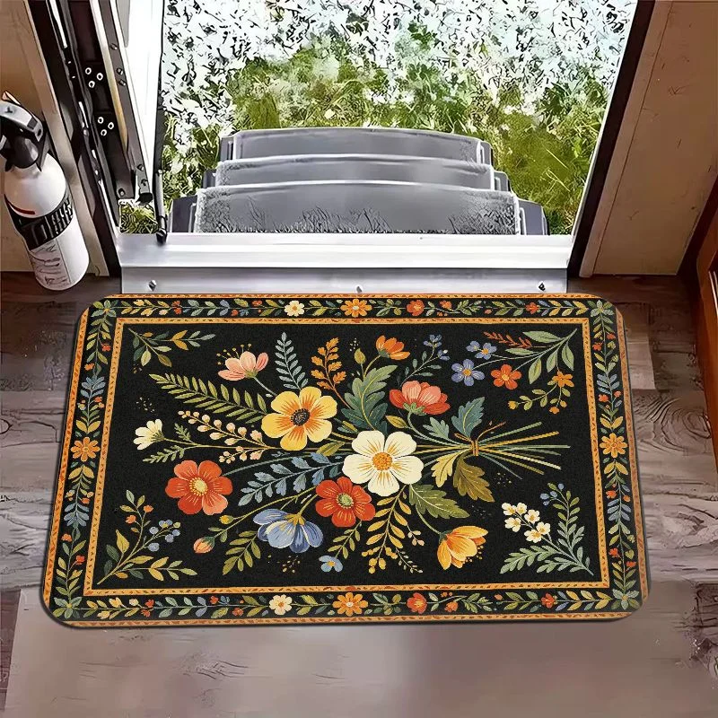 VIKAMA Vintage Floral Frame Door Mat Non Slip Entrance Mat for Front Door Entryway Foyer Hallway Indoor Home Decor