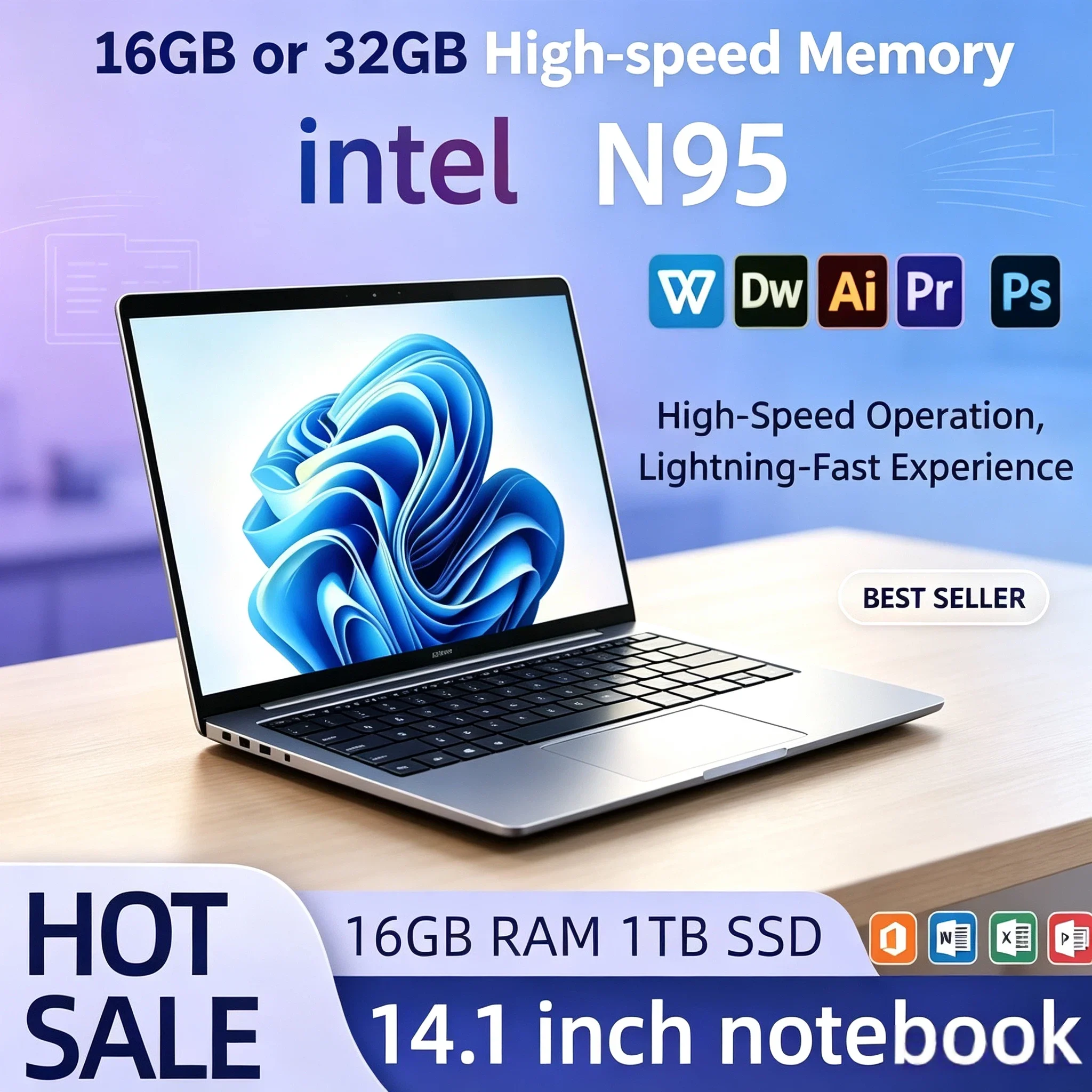 N95 Intel 14.1 Inch Laptop 4C4T 3.4GHz 15W 6MB Cache 32GB RAM 1TB 2TB SSD 1920x1080 Portable Notebook Office Study PC Pro Core