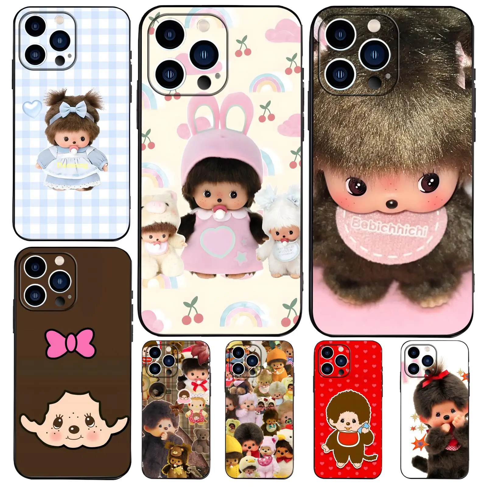 Monchhichi Phone Case For iPhone17 16 16e 15 14 13 12Plus Mini Pro Max Anti-Drop Soft Black Case