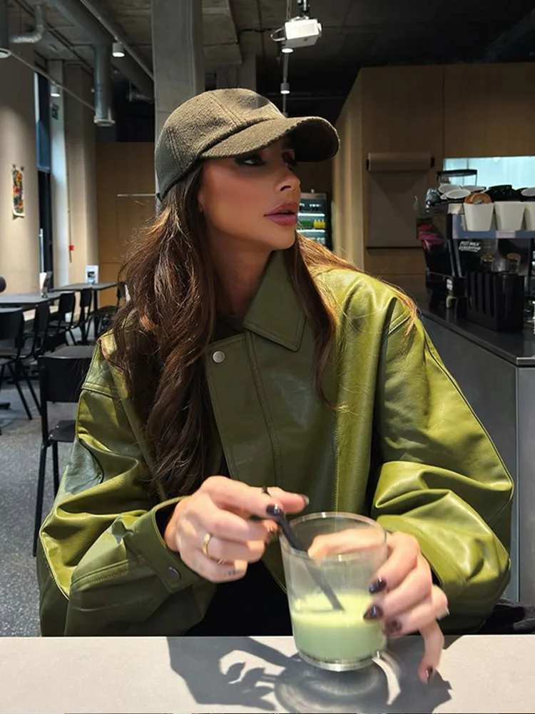 Solid Color Chic Green Full Sleeve Lapel Woman Short Jacket Fashion Loose Zipper Women's Leather 2024 New High Street Outerwear