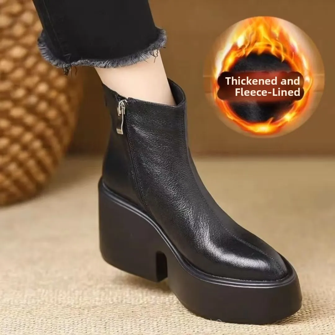 Free Shipping Trendy Women Chunky Heel Leather Ankle Boots Side Zip Thick Plush Lined Warm Winter Boots, Hot Pick