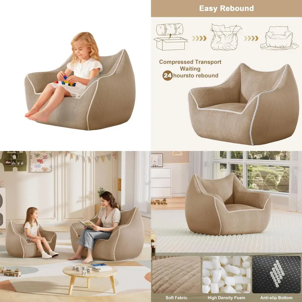 

Oversized Plush Bean Bag Chair for Kids and Toddlers - Comfortable, Supportive Lounge Sofa for Living Room or Bedroom, Beige
