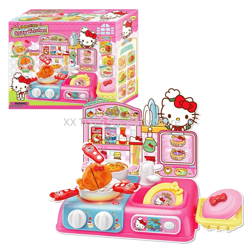 

Hello Kitty Cozy Kitchen Appliance Toys with Sound and Light Effects Food Simulation Girls Play House Toys Family Kitchen Toys