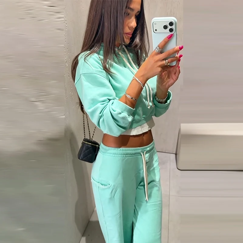 Damen Crop-Hoodie-Sweatset-Outfit, Langarm-Kapuzenpullover mit Kordelzug, Weitbeinige Jogginghose, Trainingsanzug, Lässige Streetwear – Detail 25