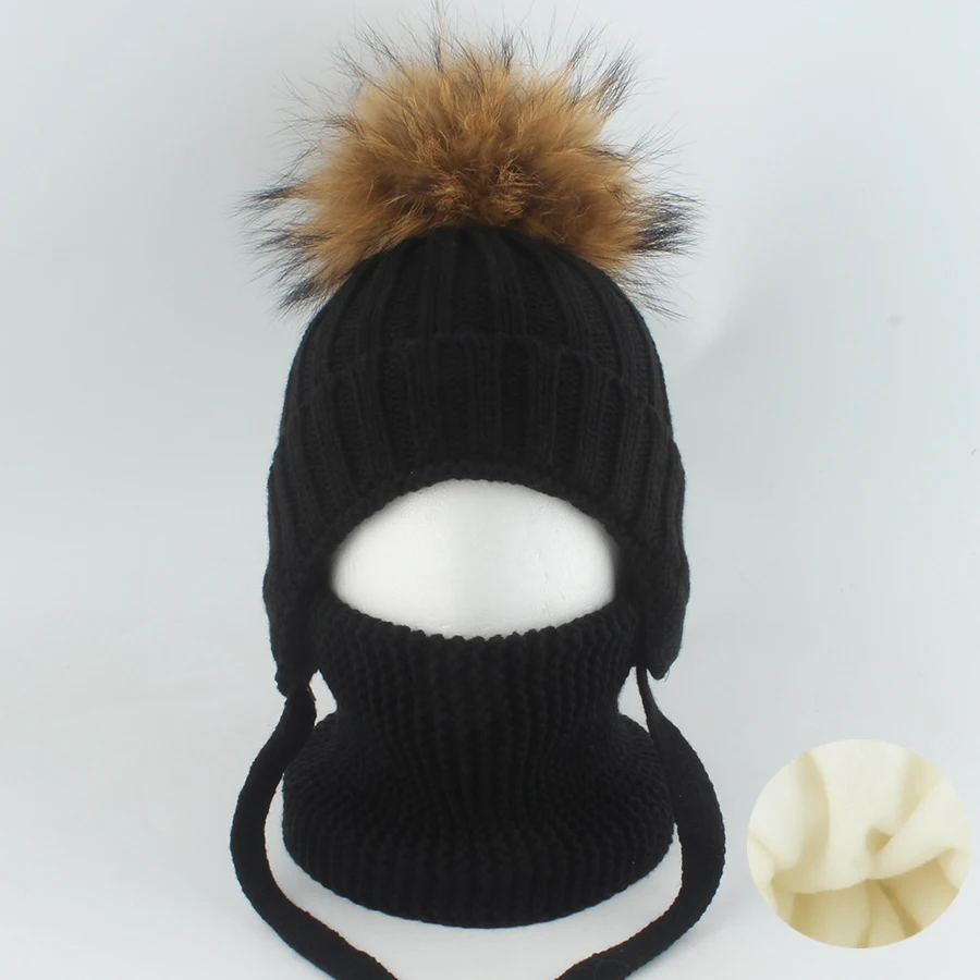 جديد الطبيعية الراكون Pompom قبعة الرقبة مجموعة للأطفال الشتاء سميكة الصوف الدافئة بيني بيبي بوي فتاة بونيه متماسكة قبعة في الهواء الطلق 1-6 Y #2