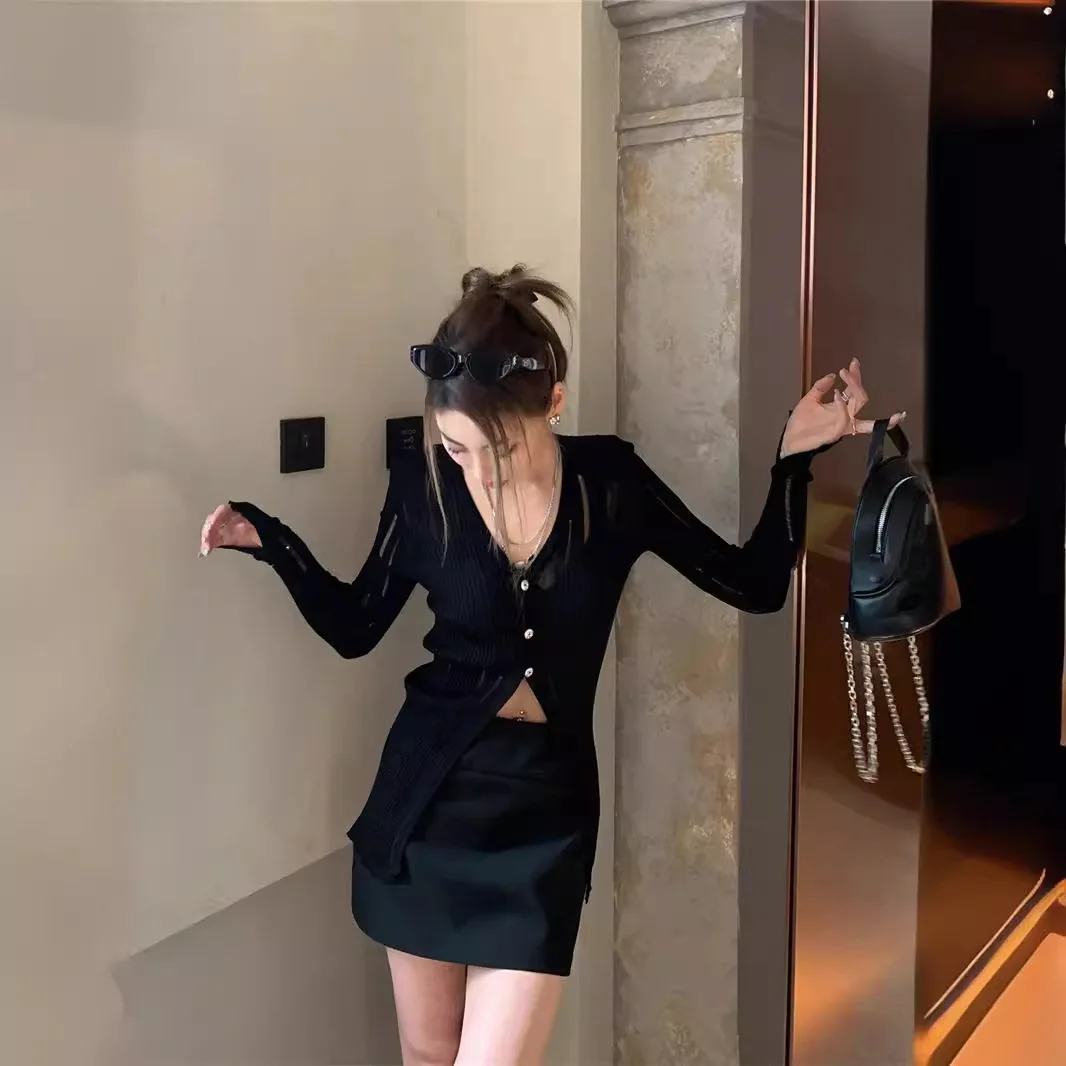 

7754 Summer Loose V-Neck Bamboo Cotton Hollow Out See-Through Waist Slimming Knitted Cardigan Sun Protection Shirt Jacket