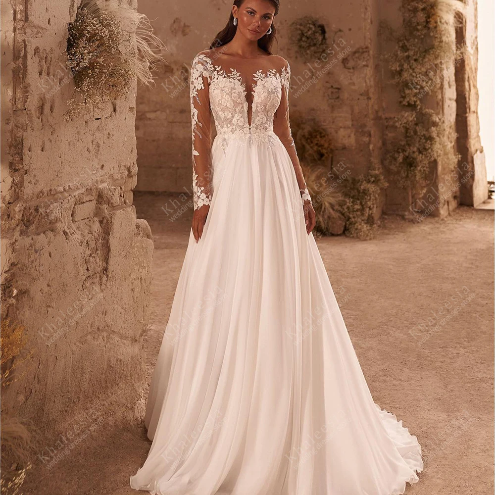Vintage Brautkleider A-Linie Chiffon Brautkleider Spitze Applikationen Volle Ärmel Roben Charming Vestidos De Novia Maßgeschneidert 2025