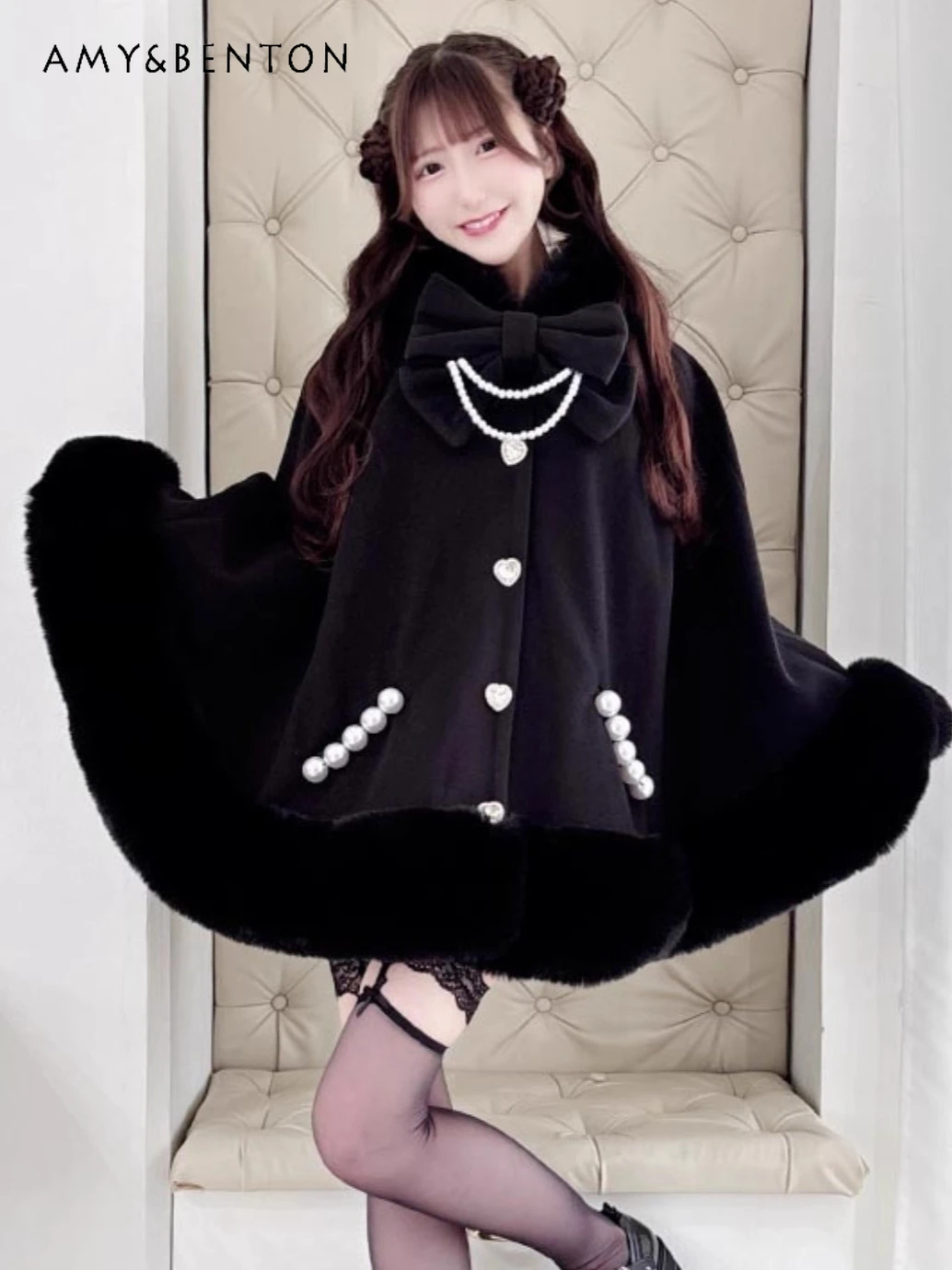 

Japanese Elegant Plush Cape Coat Lolita Style Sweet Pearl Big Bow Thickened Hooded Heavy Industry Cloak Shawl Short Wool Coat