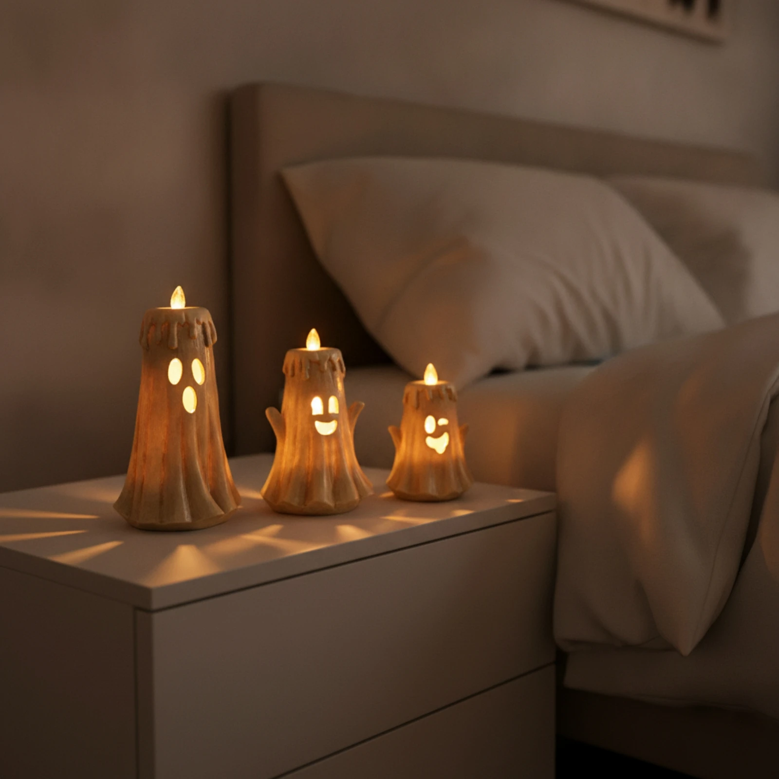3 Pieces Ghost Candle Seasonal Ghost Candle Light with Flame-Shaped Light Glowing Spooky for Home Display, Shelves