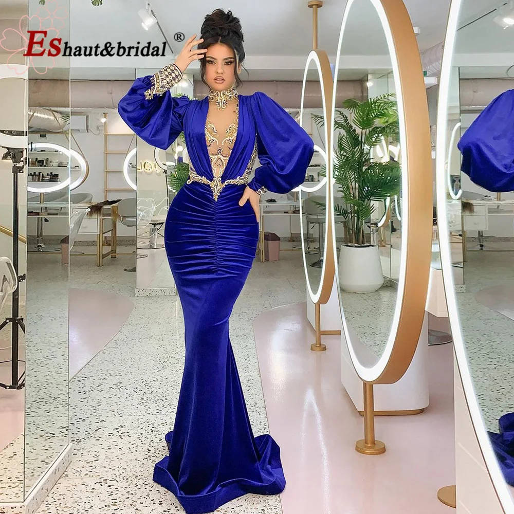 Elegant Dubai Mermaid Evening Night Dress for Women 2023 High Neck Long Sleeves Beads Crystal Formal Prom Wedding Party Gowns