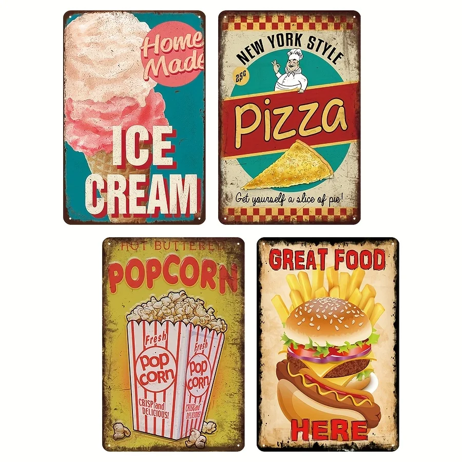 Decorative Sign& Plaque 4pcs Set Vintage Food Metal Signs, Retro Wall Decor For Kitchen, Restaurant, Diner, Durable