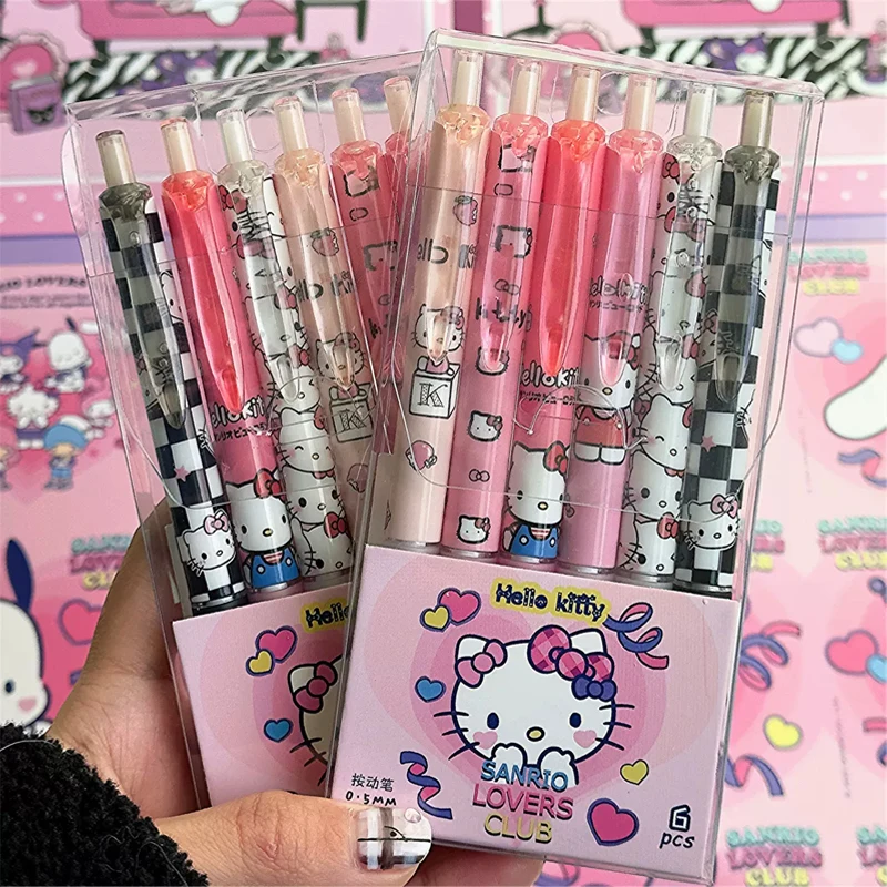 Sanrio-Bolígrafo de Gel de Hello Kitty, 6 piezas, 0,5mm, tinta negra, neutro, suministros de oficina y escuela para estudiantes, regalo de papelería