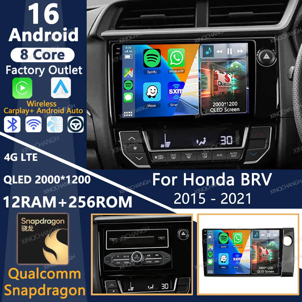 Radio para Auto Android 16 para Honda BR-V BRV 2015-2021, Reproductor Multimedia BT, Reproductor de Video 2DIN, Unidad Principal con Carplay, GPS para Auto, Qualcomm 4G WIFI