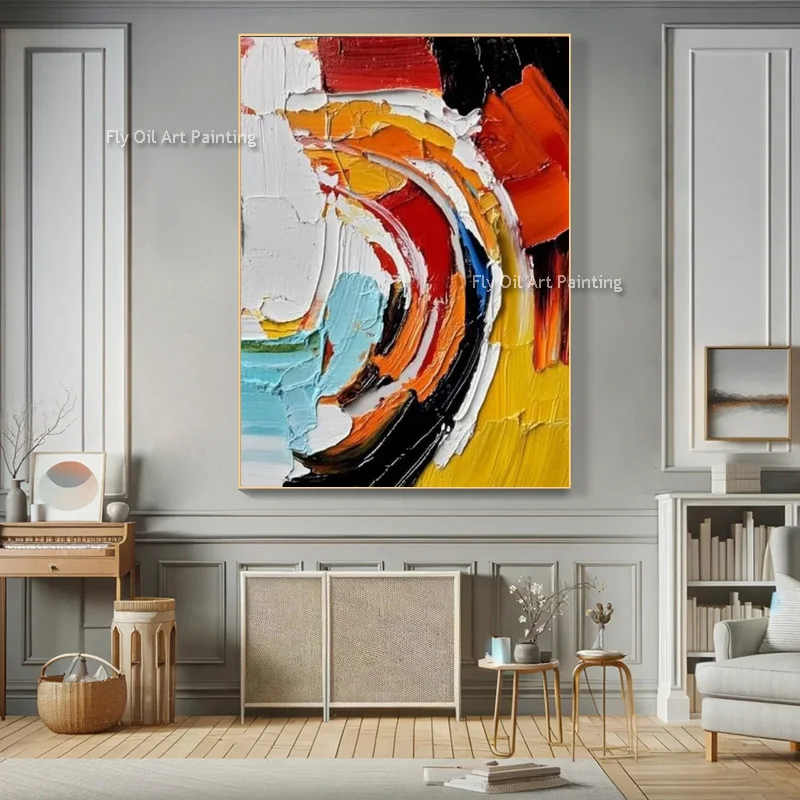 Orange Red White Canvas Knife Thick Oil Painting Handmade New Original Abstract Colorful Wall Art Decor For Room Popular Design