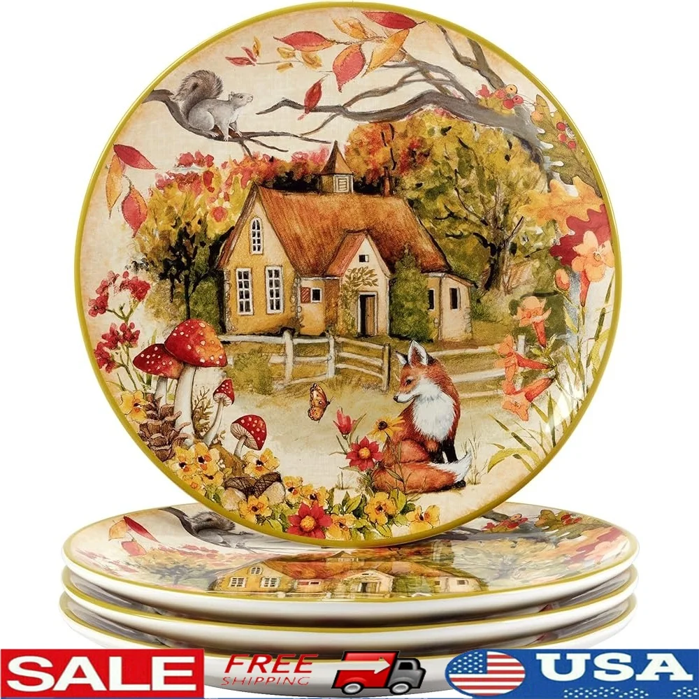 

Woodland Critters 11-дюймовые керамические обеденные тарелки, набор из 4 посуды в стиле природы, идеальные сезонные собрания и повседневное использование