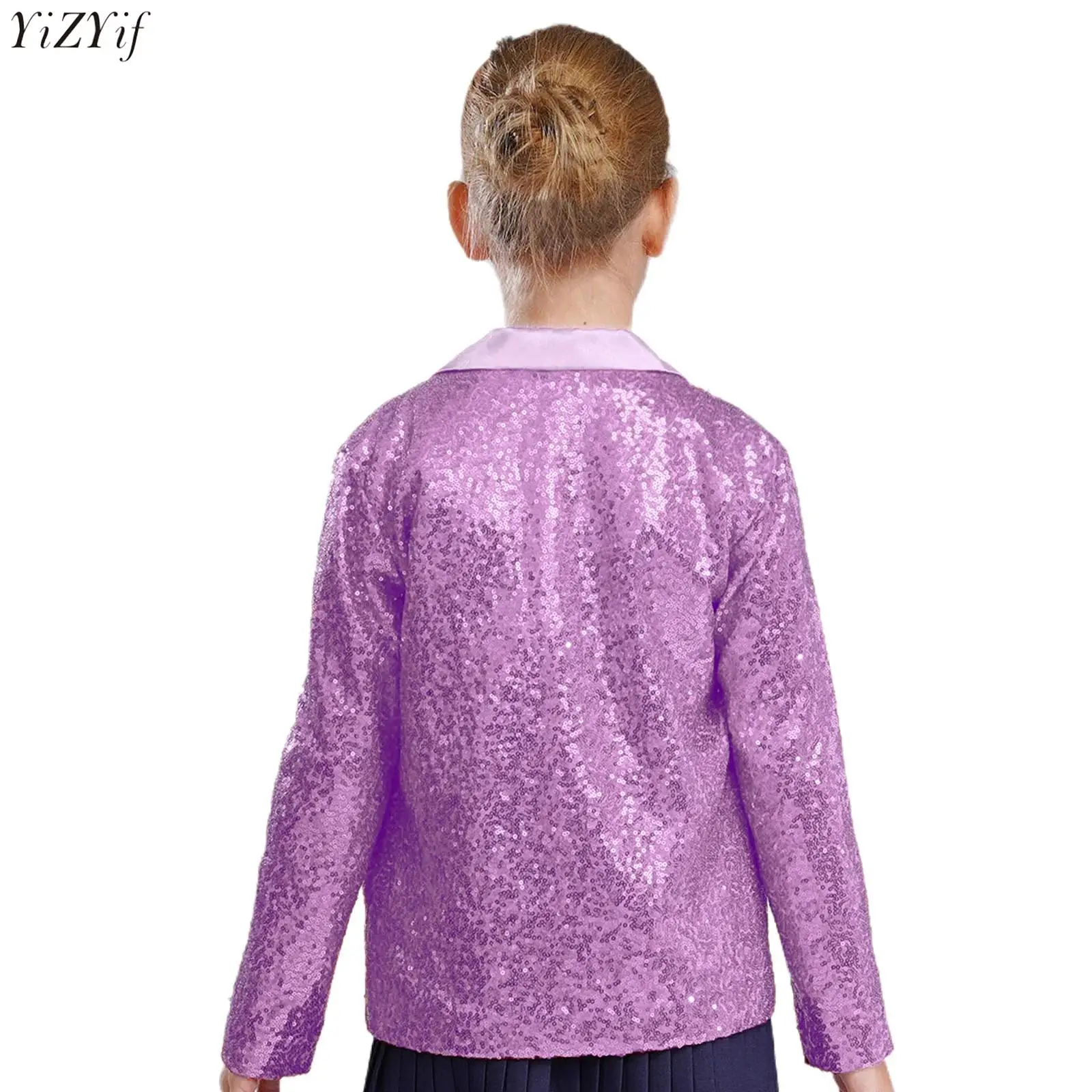 

Kids Girls Disco Jazz Dance Outfit Party Stage Performance Costume Sparkly Sequins Notched Lapel Long Sleeve Blazer Jacket+Pants