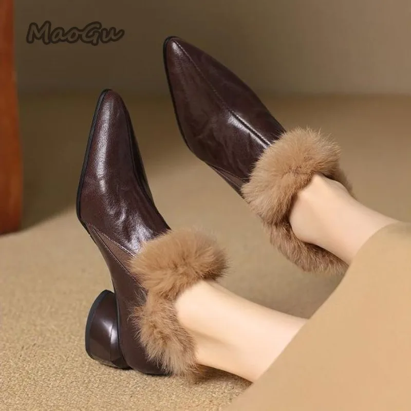 

Winter Women's Fur Lined Loafers Chunky Heel Pointed Toe Slip-on Anti Slip Warm Leather Pumps Cozy Casual Ankle Boots Brown