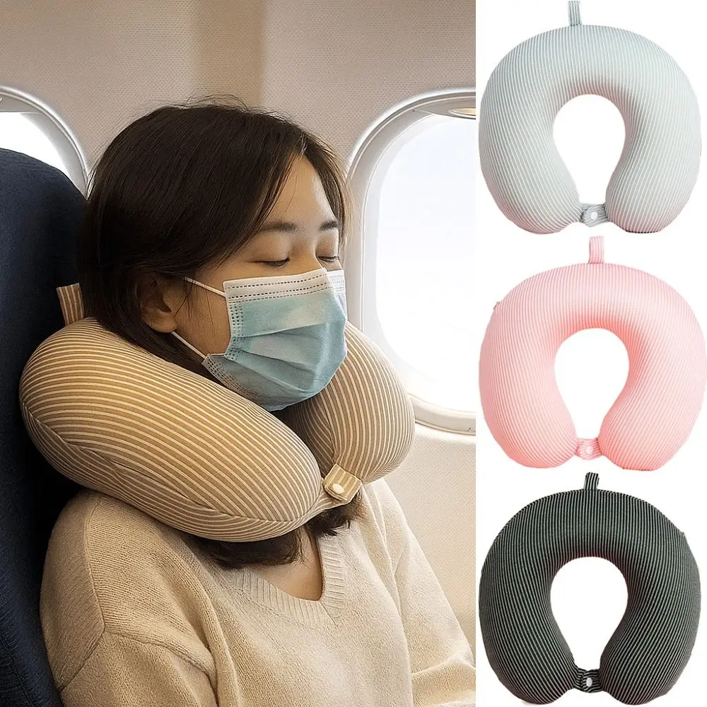 

Slow Rebound U-shaped Pillow Comfortable with Storage Bag Airplane Nap Pad Removable Stripes Design Sleeping Neck Headrest