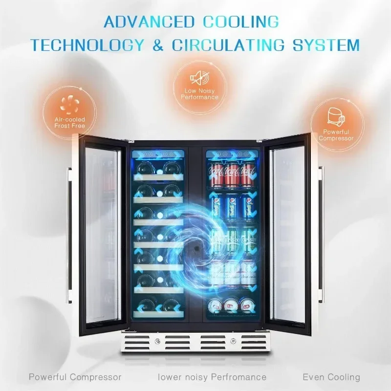 ตู้เย็นไวน์และเครื่องดื่ม ตู้เย็นไวน์ 24 นิ้ว โซนคู่ถือ 20 ขวดและ 78 กระป๋อง ระบบควบคุมแบบสัมผัสแบบดิจิตอล