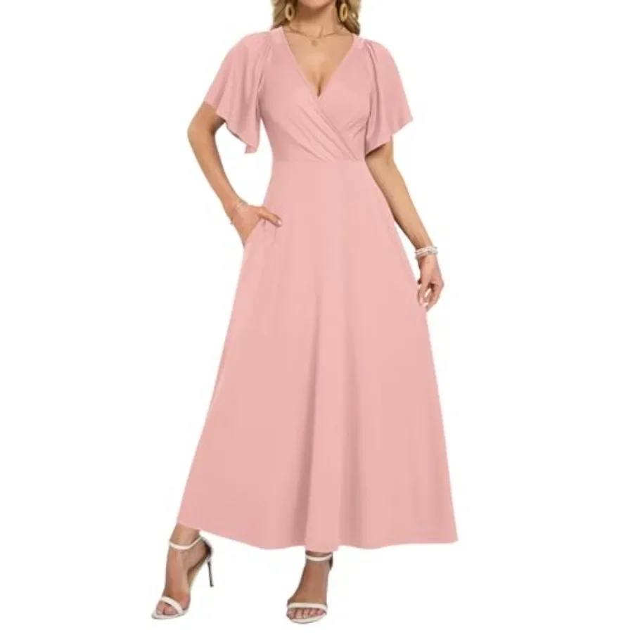 

AUSELILY Maxi Dresses Women 2026 Summer Long Flowy Wrap Dress Ruffle Sleeve Deep V Neck Formal Dress with Pockets