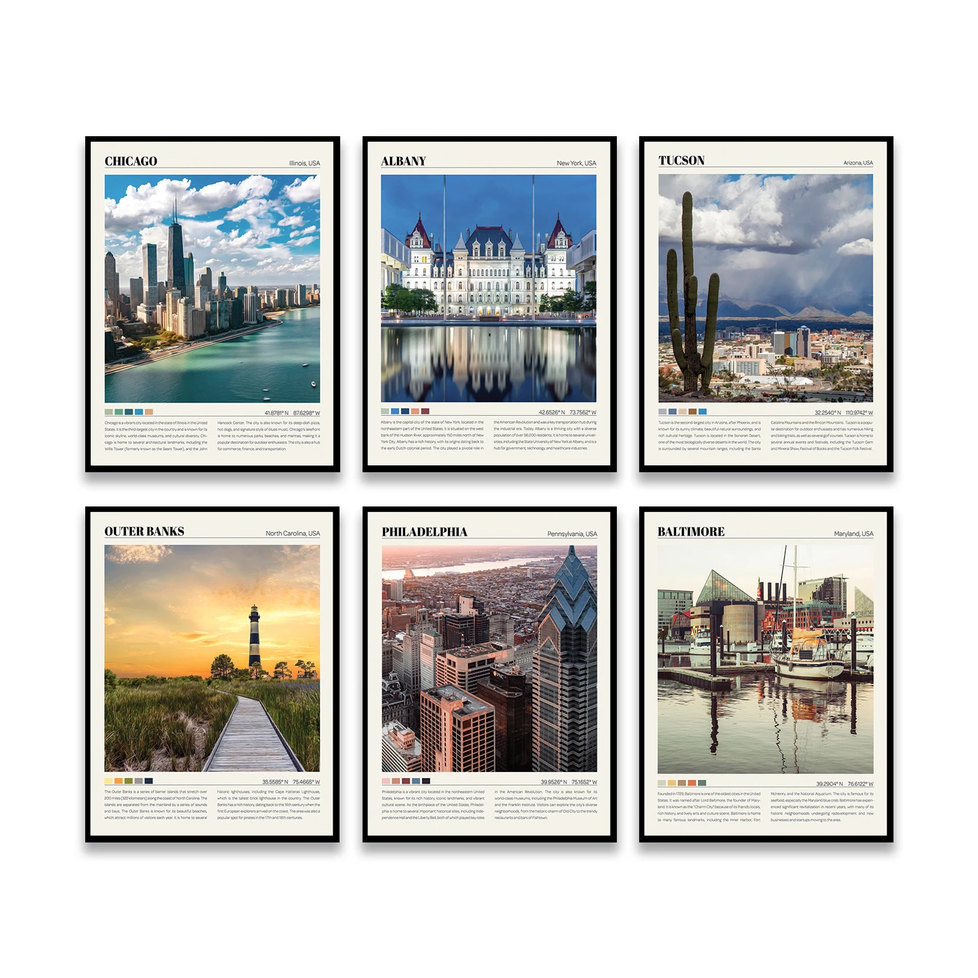 Baltimore Grand Teton Charlotte Philadelphia Albany Tucson Chicago Ocean City. City Travel Landscape Poster