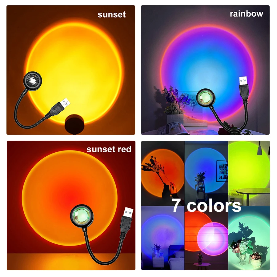 USB Sunset Lamp LED Projector Mood Lamp Night Light for Living Room Bedroom Background Photography Wall Atmosphere Decoration