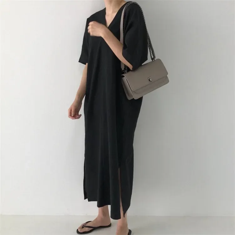 C811- Korean Minimalist Vintage Long Loose-Fit Idle Style V-Neck Short Sleeves Dress Women's Fashionable Casual Wear