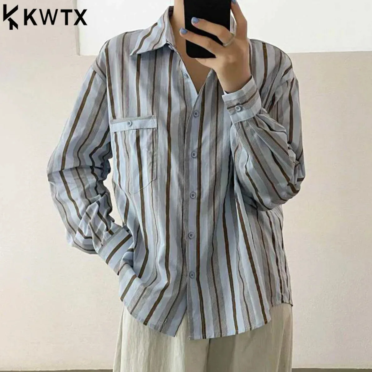 

KWTX 2025: элегантная свободная рубашка в полоску, женская повседневная блузка с карманами большого размера, модная ранняя осень, шикарная офисная одежда, уличный стиль